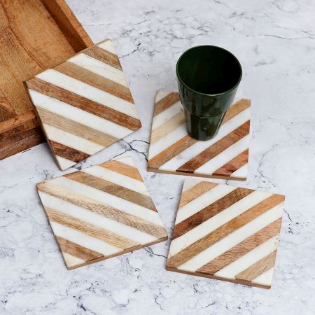 Beautiful Brown and White Wooden Coasters - Pack of 4